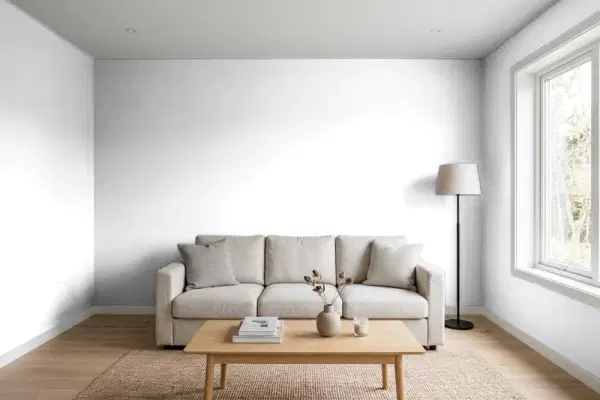 Living room with walls painted Behr Lace Cap 650E-1 (simulated)