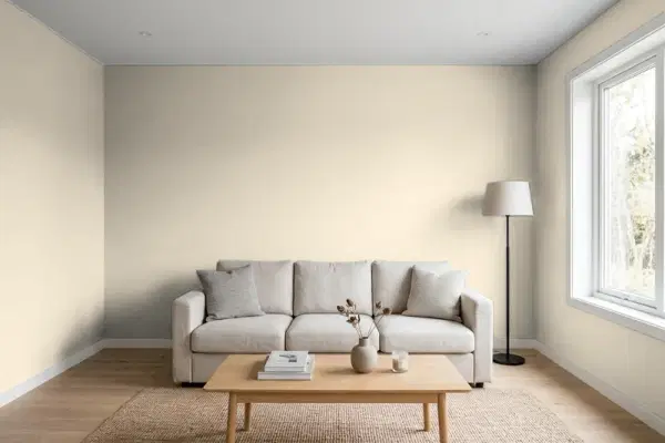 Living room with walls painted Benjamin Moore Lace Handkerchief CSP-220 (simulated)