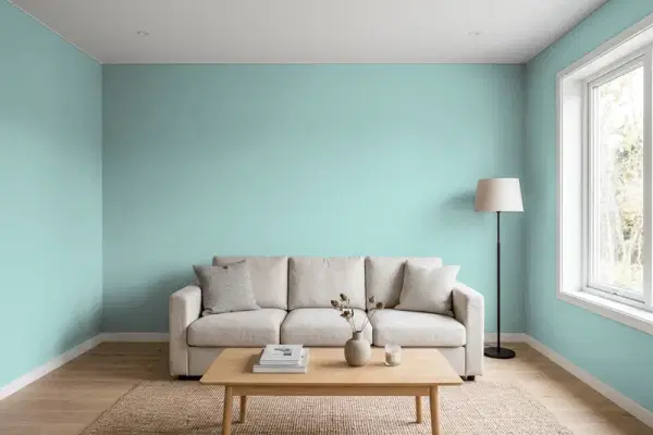 Living room with walls painted Behr Lap Pool Blue PPU12-06 (simulated)