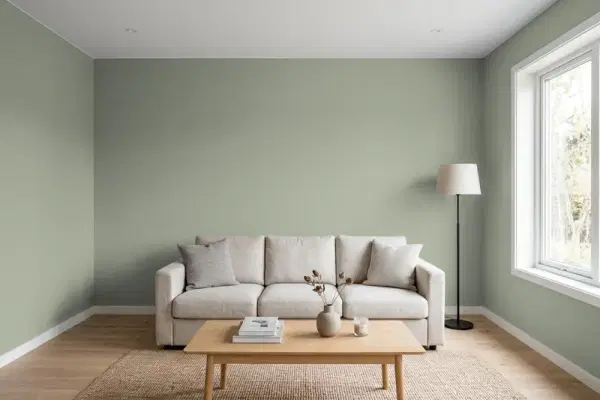 Living room with walls painted Behr Laurel Leaf PMD-56 (simulated)