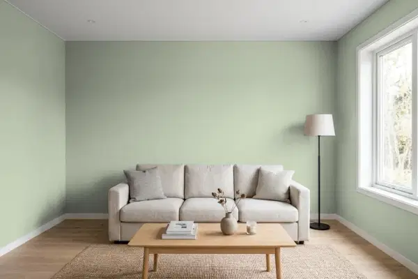 Living room with walls painted Behr Laurel Mist 430E-3 (simulated)