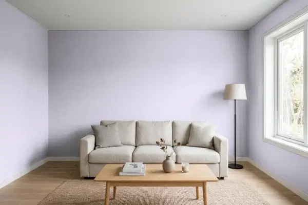 Living room with walls painted Behr Lavender Bouquet ICC-44 (simulated)