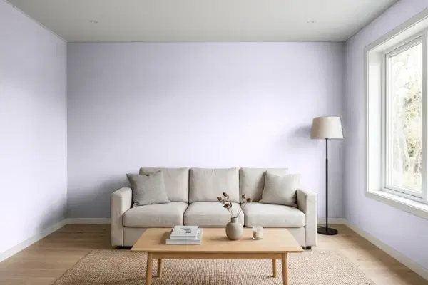 Living room with walls painted PPG Paints Lavender Haze 1175-3 (simulated)