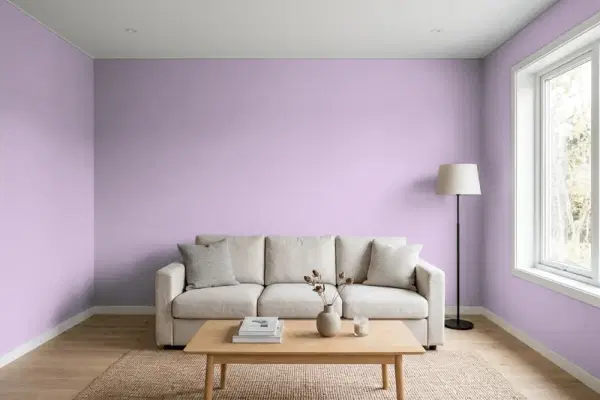 Living room with walls painted Benjamin Moore Lavender Lipstick 2072-50 (simulated)