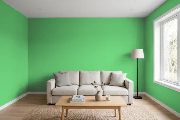 Living room with walls painted Behr Lawn Party P390-6 (simulated)