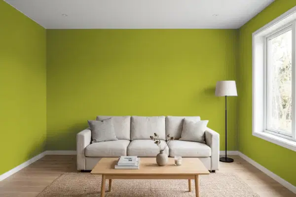 Living room with walls painted Behr Lazy Lizard P350-7 (simulated)