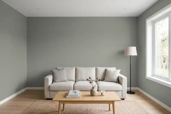 Living room with walls painted Valspar Lead Cast 5007-2B (simulated)