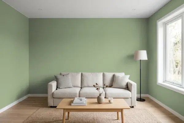 Living room with walls painted Sherwin-Williams Leaflet SW 9674 (simulated)