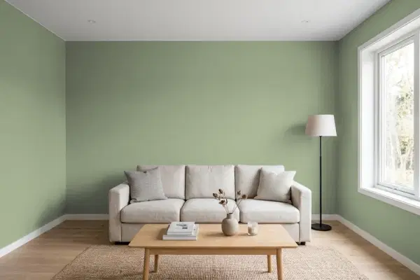Living room with walls painted Valspar Leafy Rise 5007-4A (simulated)