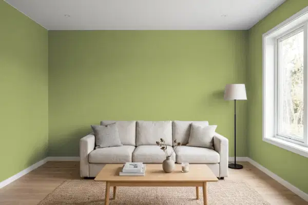 Living room with walls painted PPG Paints Leafy Romaine 11-14 (simulated)
