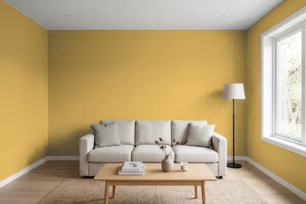 Living room with walls painted Benjamin Moore Leap of Faith 210 (simulated)