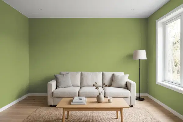 Living room with walls painted Sherwin-Williams Leapfrog SW 6431 (simulated)
