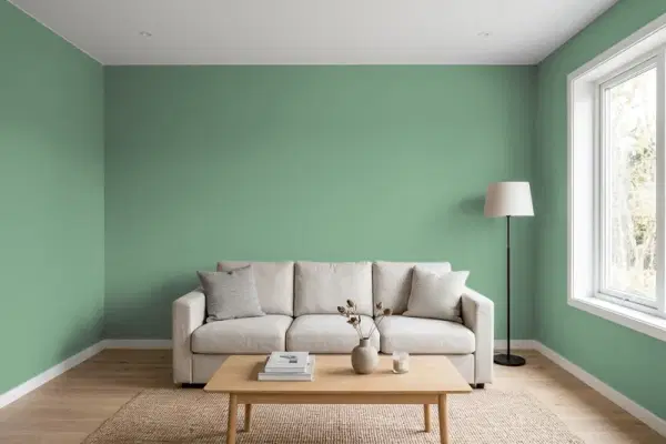 Living room with walls painted Benjamin Moore Lehigh Green HC-131 (simulated)