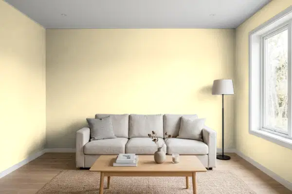 Living room with walls painted Sherwin-Williams Lemon Chiffon SW 6686 (simulated)