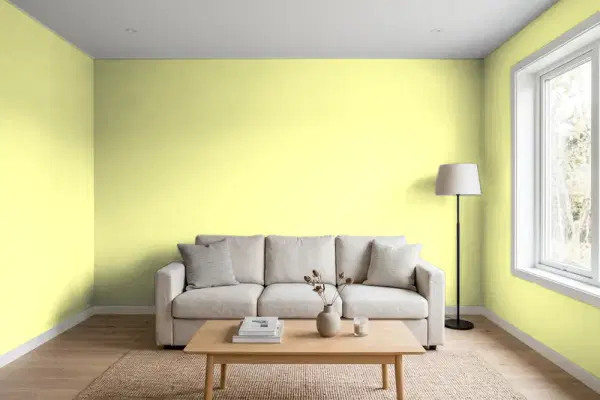 Living room with walls painted Benjamin Moore Lemon Freeze 2025-50 (simulated)