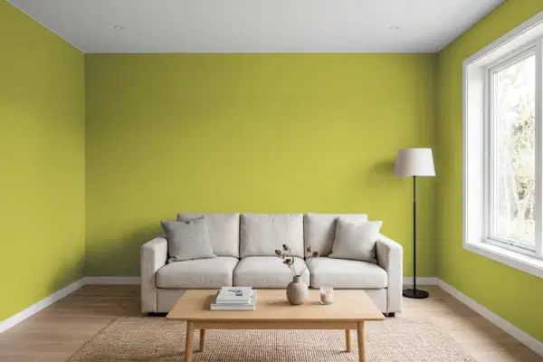 Living room with walls painted Behr Lemon Grass 400B-7 (simulated)