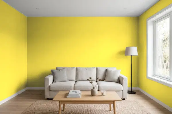 Living room with walls painted Benjamin Moore Lemon Grove 363 (simulated)