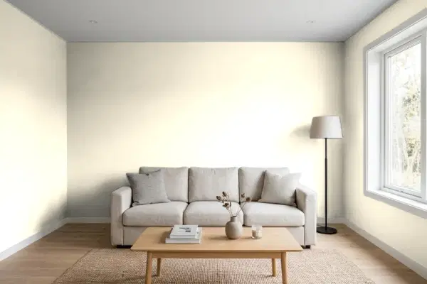 Living room with walls painted Behr Lemon Pearl 370C-1 (simulated)