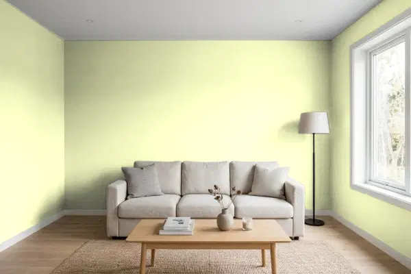 Living room with walls painted Benjamin Moore Lemon Twist 394 (simulated)