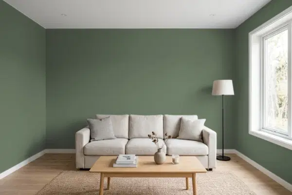 Living room with walls painted Behr Less Traveled MQ6-15 (simulated)