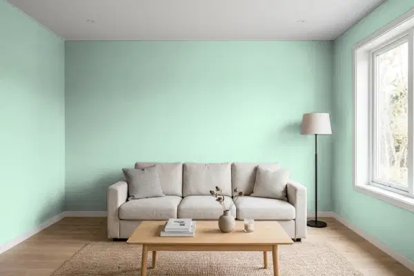 Living room with walls painted Benjamin Moore Let It Rain 639 (simulated)