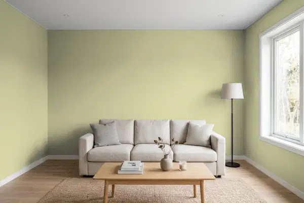 Living room with walls painted Benjamin Moore Lewiville Green 494 (simulated)