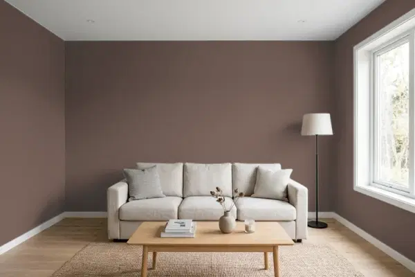 Living room with walls painted Behr Library Leather HDC-CL-13A (simulated)