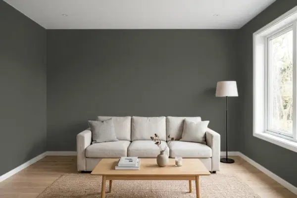 Living room with walls painted PPG Paints Licorice 1009-7 (simulated)