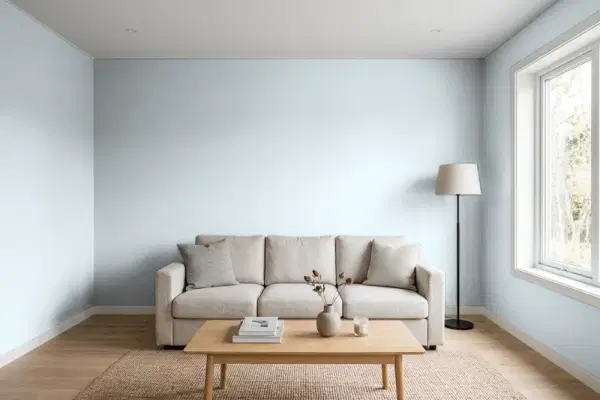 Living room with walls painted Behr Light Drizzle N480-1 (simulated)