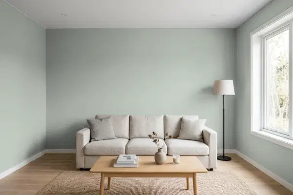 Living room with walls painted PPG Paints Light Drizzle 1033-4 (simulated)