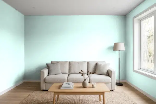 Living room with walls painted Benjamin Moore Light Mint 2046-70 (simulated)