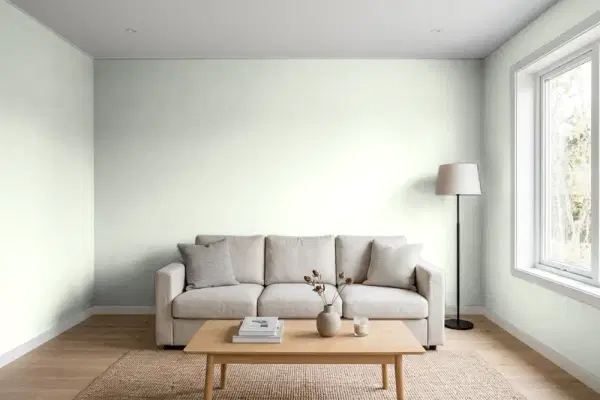 Living room with walls painted Behr Light Mist N390-1 (simulated)