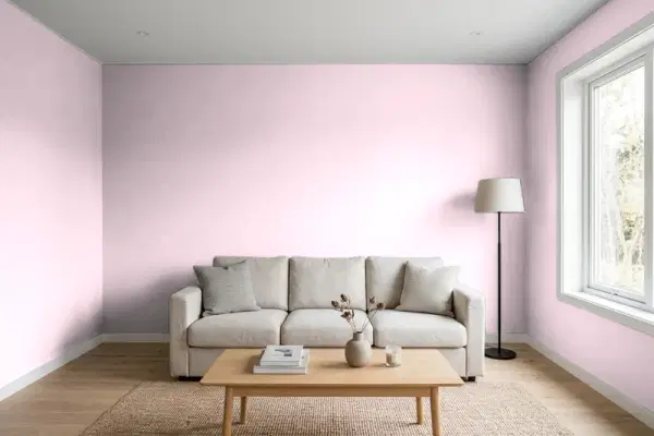 Living room with walls painted Sherwin-Williams Lighthearted Pink SW 6568 (simulated)