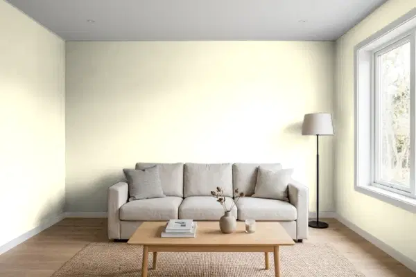 Living room with walls painted Benjamin Moore Lightning White 2019-70 (simulated)