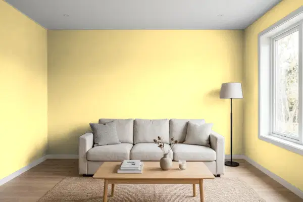 Living room with walls painted Valspar Like Butter 3005-2A (simulated)