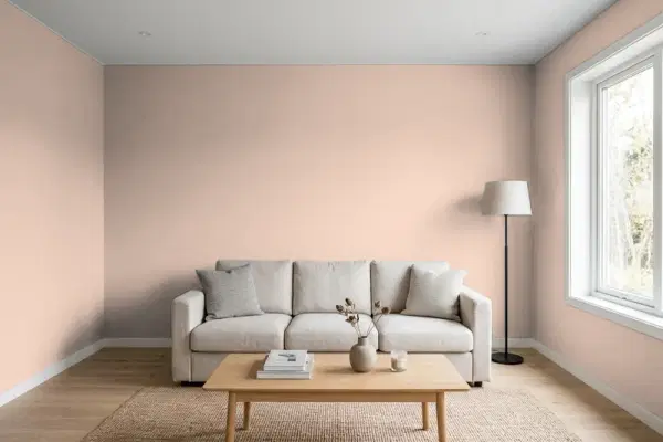 Living room with walls painted Sherwin-Williams Likeable Sand SW 6058 (simulated)
