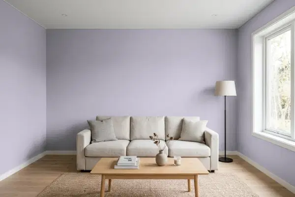 Living room with walls painted Behr Lilac Bloom ICC-98 (simulated)