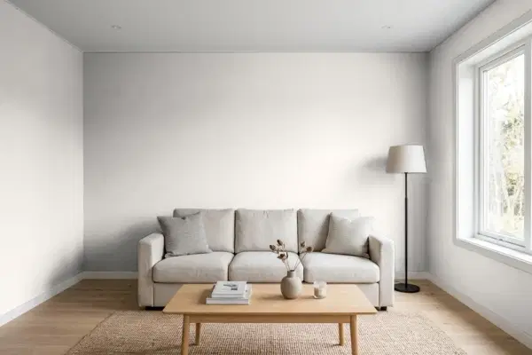 Living room with walls painted Benjamin Moore Lilac Hush CSP-490 (simulated)