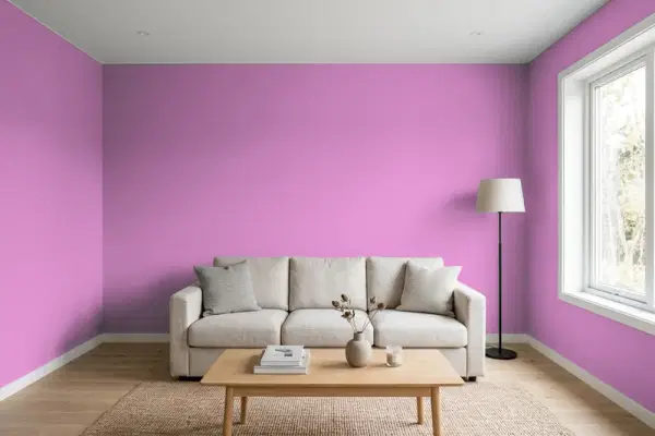 Living room with walls painted Benjamin Moore Lilac Pink 2074-40 (simulated)