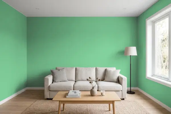 Living room with walls painted Behr Lily Pads P410-5 (simulated)