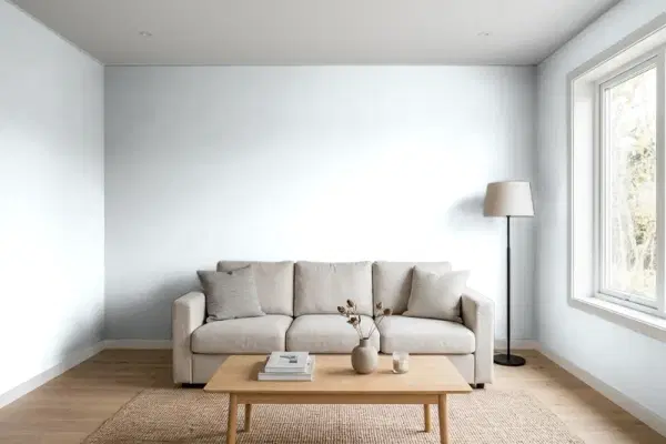 Living room with walls painted Benjamin Moore Lily White 2128-70 (simulated)