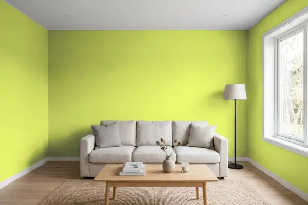 Living room with walls painted Valspar Lime Burst 6007-10B (simulated)