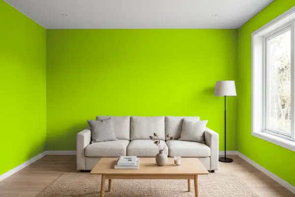 Living room with walls painted Benjamin Moore Lime Green 2026-10 (simulated)