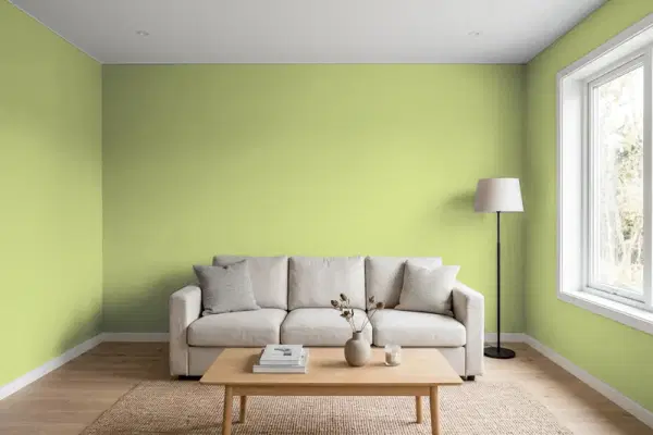 Living room with walls painted Behr Lime Lollipop PPH-56 (simulated)