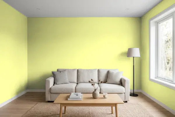 Living room with walls painted Valspar Lime Mousse 6008-9B (simulated)