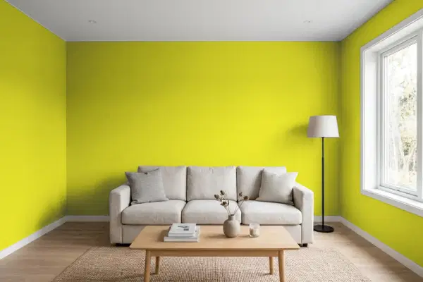 Living room with walls painted Valspar Lime Passion 6008-10C (simulated)