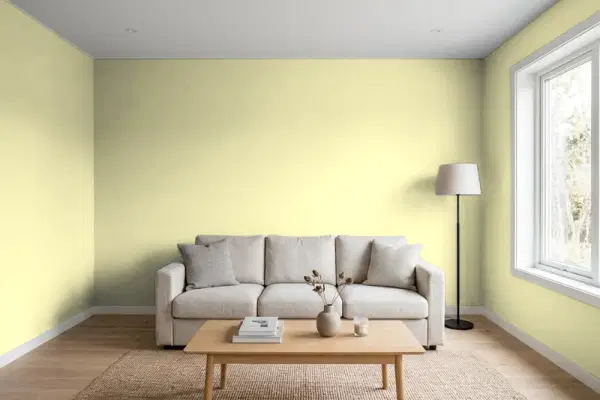 Living room with walls painted Benjamin Moore Lime Sherbet CSP-845 (simulated)