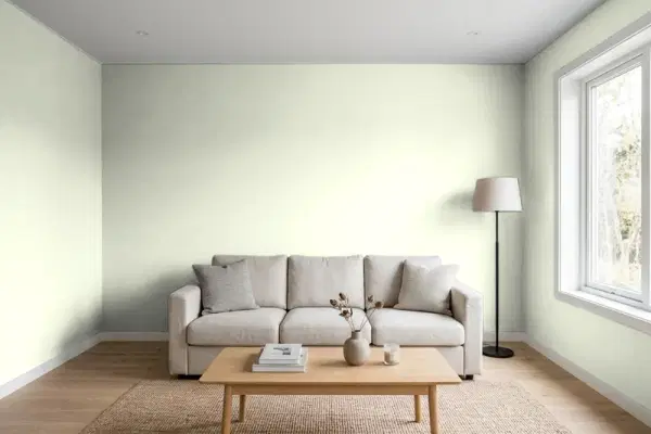 Living room with walls painted PPG Paints Lime Wash 1122-2 (simulated)