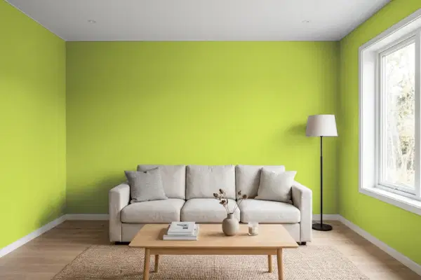 Living room with walls painted Benjamin Moore Limeade CSP-865 (simulated)