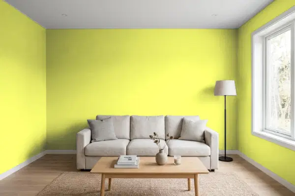 Living room with walls painted Benjamin Moore Limelight 2025-40 (simulated)
